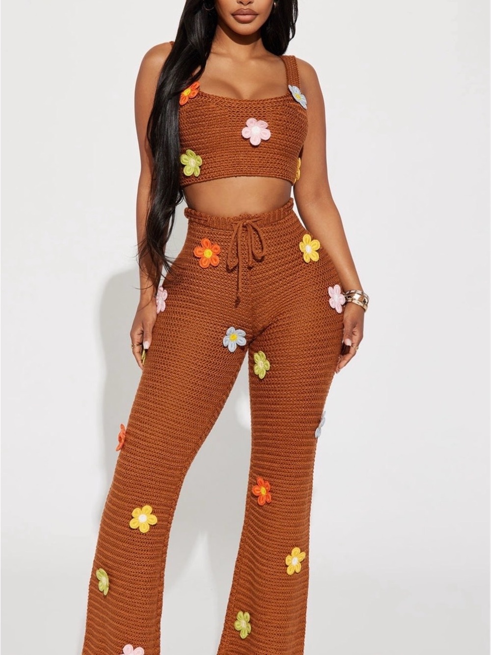Fashion Nova Brown Crochet Wide Leg Pants with Multicolor Floral Appliqués